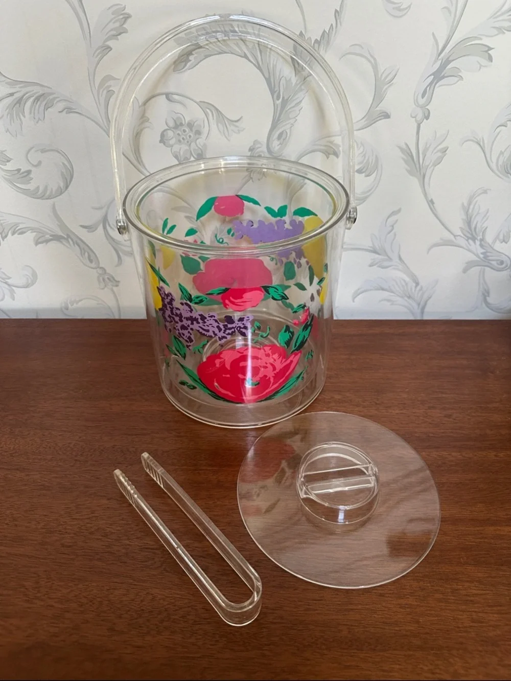 🧊 Clear Floral Acrylic Ice Bucket with Handle lid and tongs retro